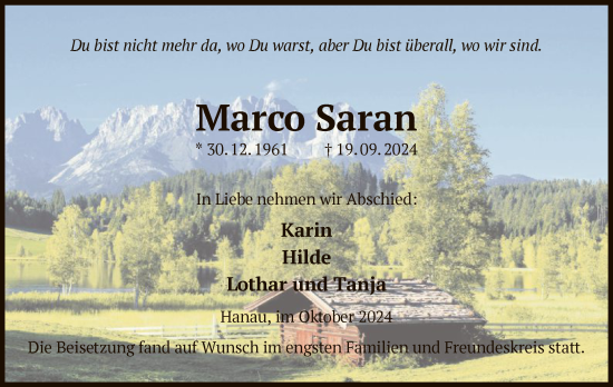 Traueranzeige von Marco Saran von OF