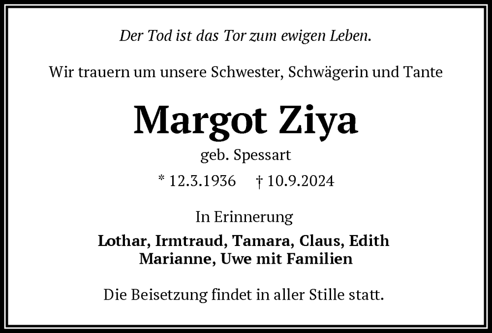  Traueranzeige für Margot Ziya vom 05.10.2024 aus OF