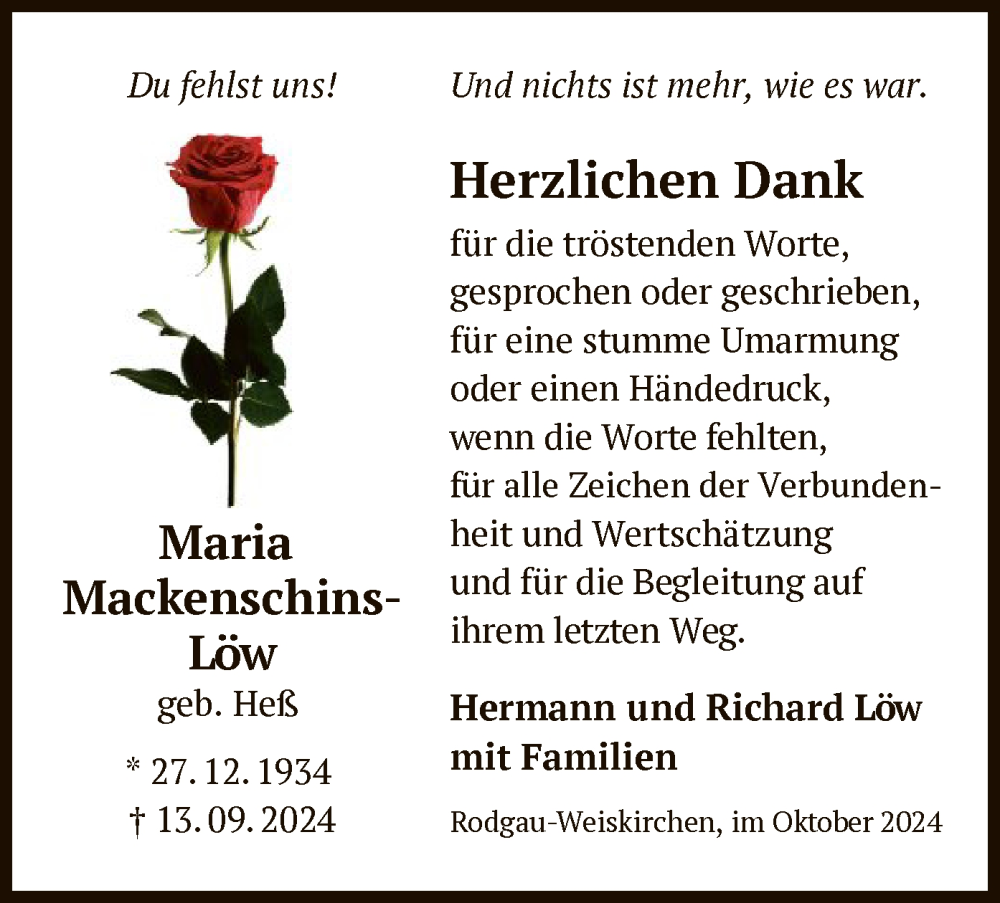  Traueranzeige für Maria Mackenschins-Löw vom 19.10.2024 aus OF