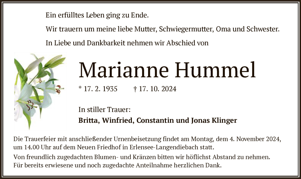  Traueranzeige für Marianne Hummel vom 26.10.2024 aus OF