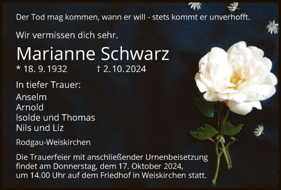 Traueranzeige von Marianne Schwarz von OF