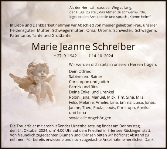Traueranzeige von Marie Jeanne Schreiber von OF