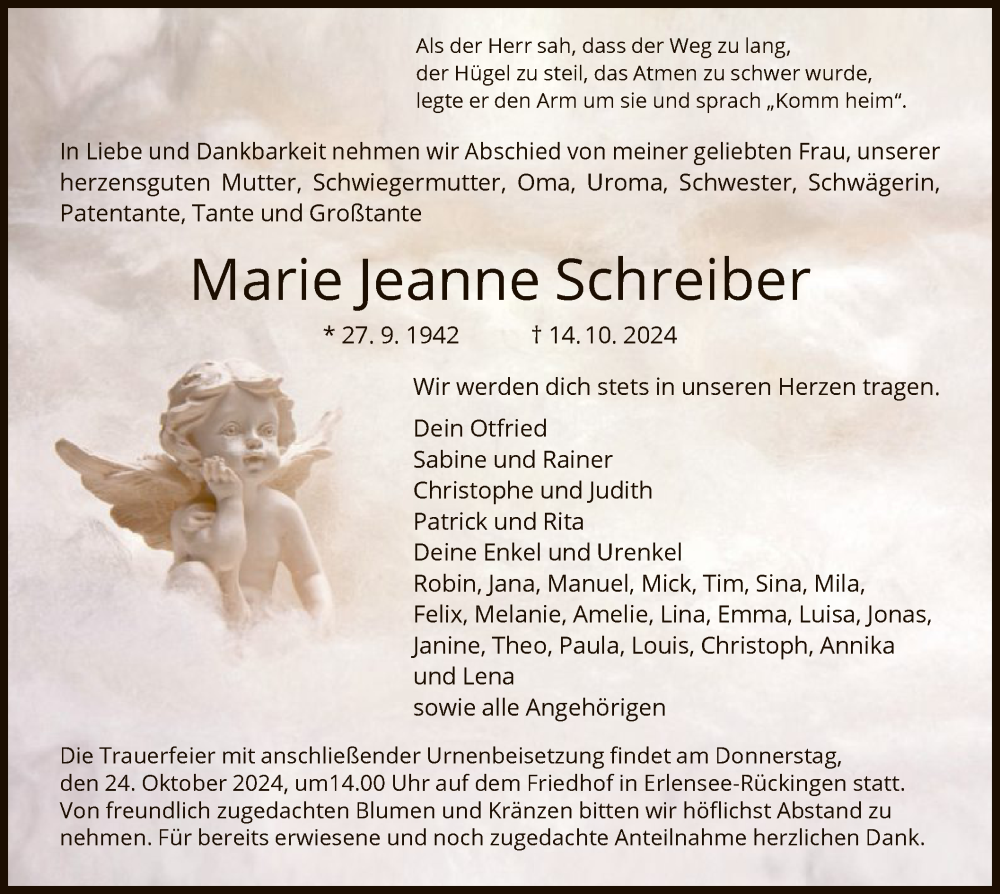  Traueranzeige für Marie Jeanne Schreiber vom 19.10.2024 aus OF