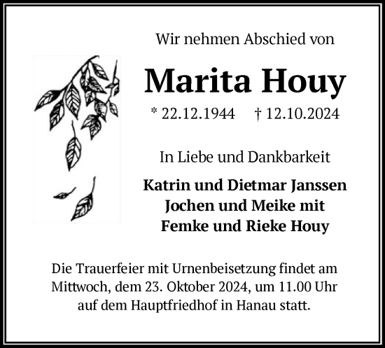 Traueranzeige von Marita Houy von OF