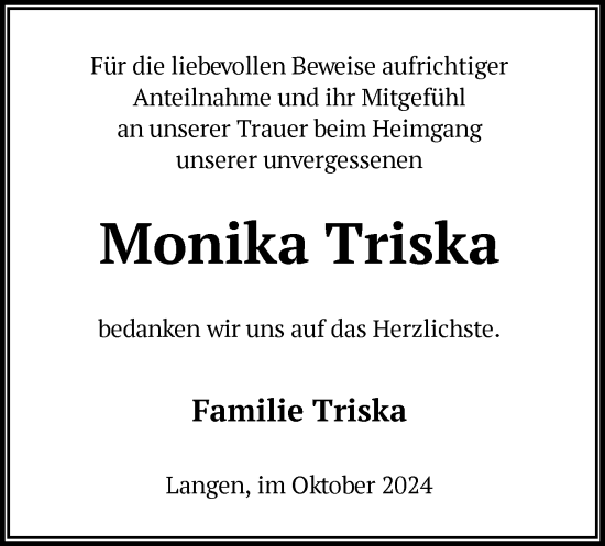 Traueranzeige von Monika Triska von OF