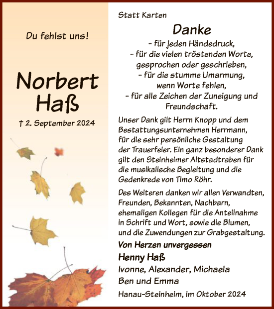 Traueranzeige von Norbert Haß von OF