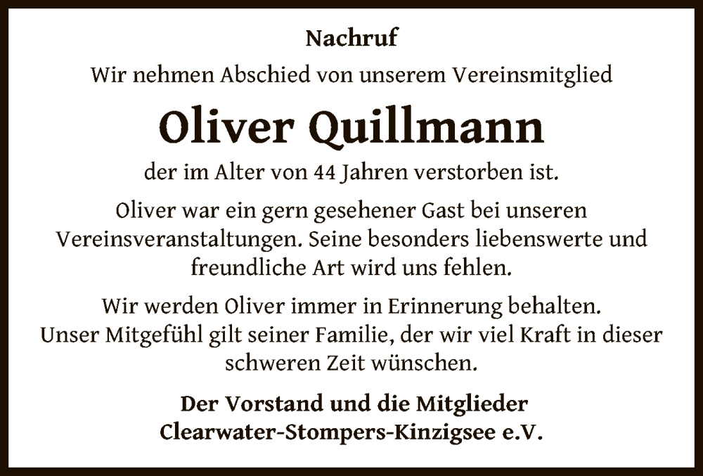  Traueranzeige für Oliver Quillmann vom 19.10.2024 aus OF