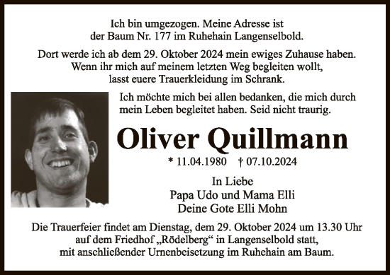 Traueranzeige von Oliver Quillmann von OF