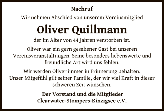 Traueranzeige von Oliver Quillmann von OF