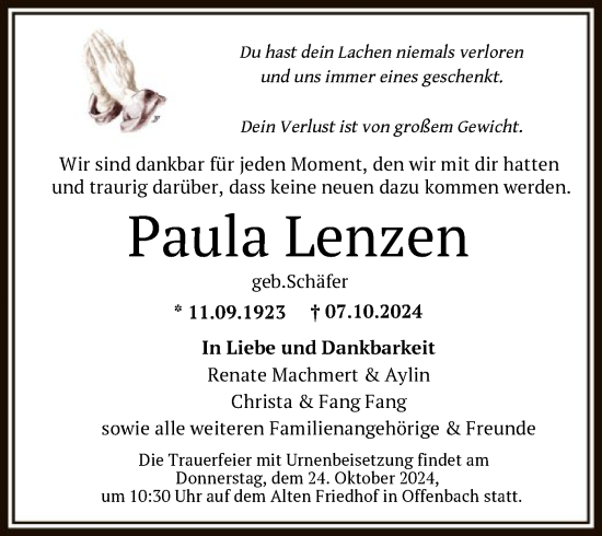 Traueranzeige von Paula Lenzen von OF