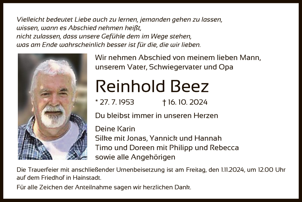  Traueranzeige für Reinhold Beez vom 26.10.2024 aus OF
