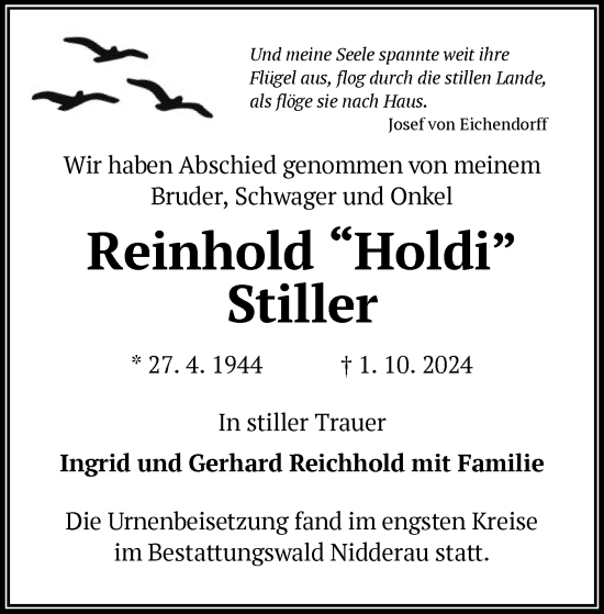 Traueranzeige von Reinhold Stiller von OF