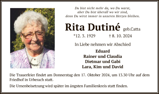 Traueranzeige von Rita Dutiné von OF