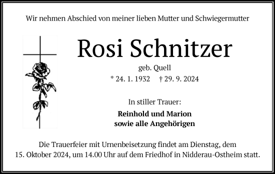 Traueranzeige von Rosalie Schnitzer von OF