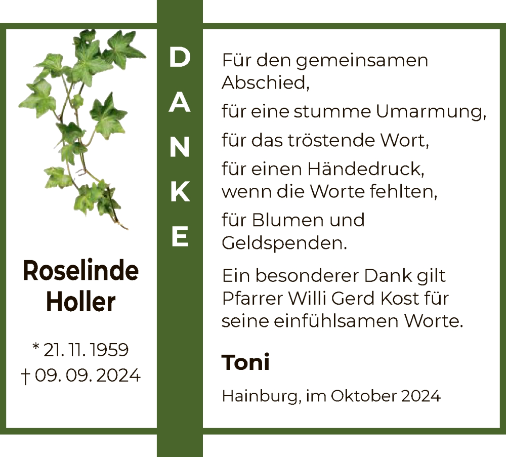  Traueranzeige für Roselinde Holler vom 19.10.2024 aus OF