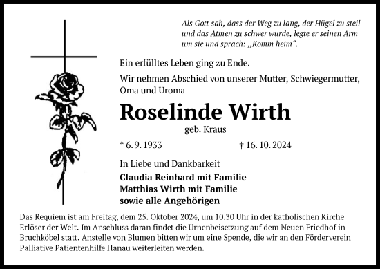 Traueranzeige von Roselinde Wirth von OF