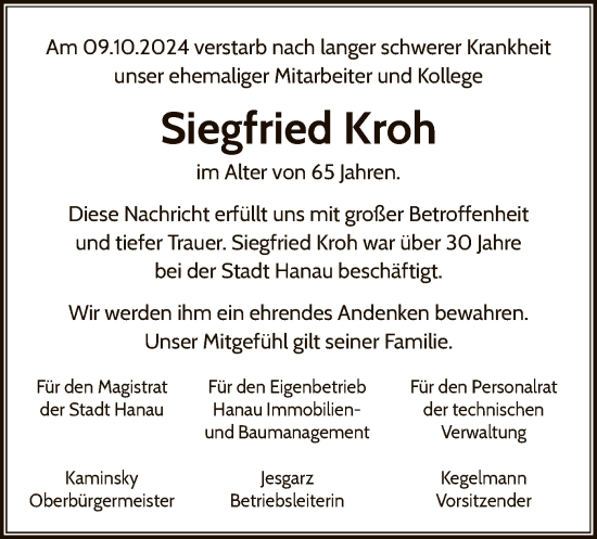 Traueranzeige von Siegfried Kroh von OF