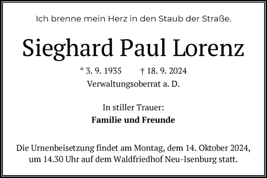 Traueranzeige von Sieghard Paul Lorenz von OF