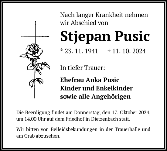 Traueranzeige von Stjepan Pusic von OF