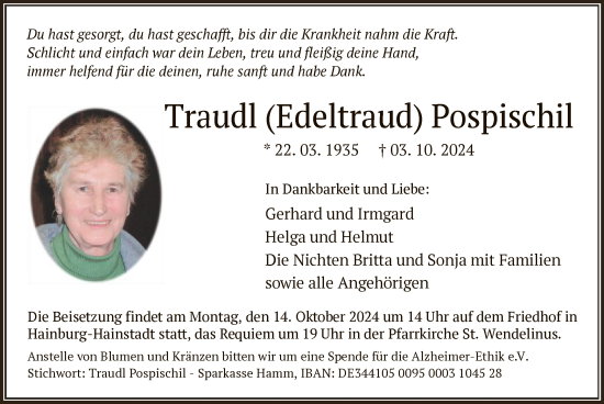 Traueranzeige von Traudl Edeltraud Pospischil von OF