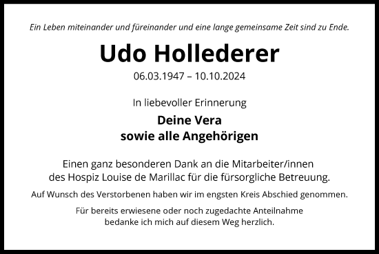 Traueranzeige von Udo Hollederer von OF