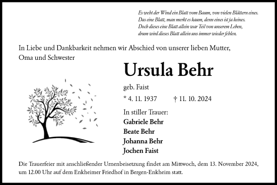 Traueranzeige von Ursula Behr von OF