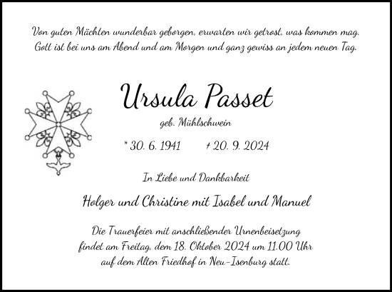 Traueranzeige von Ursula Passet von OF