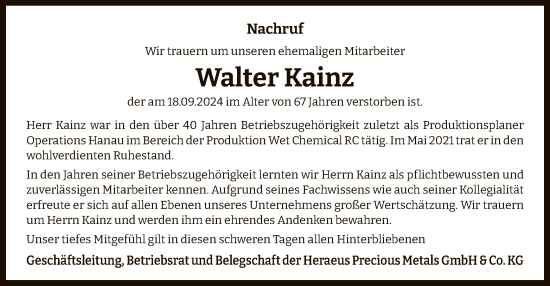 Traueranzeige von Walter Kainz von OF