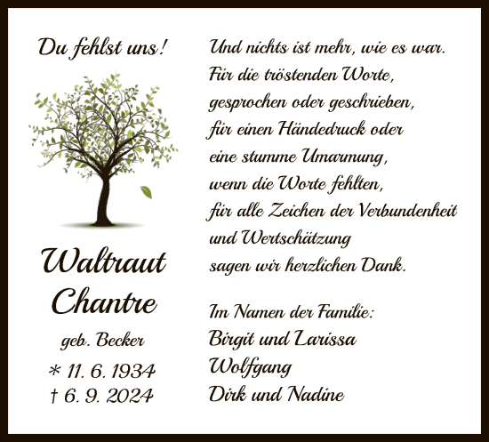 Traueranzeige von Waltraud Chantre von OF