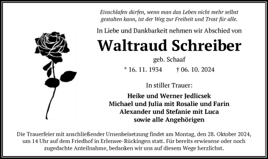 Traueranzeige von Waltraud Schreiber von OF