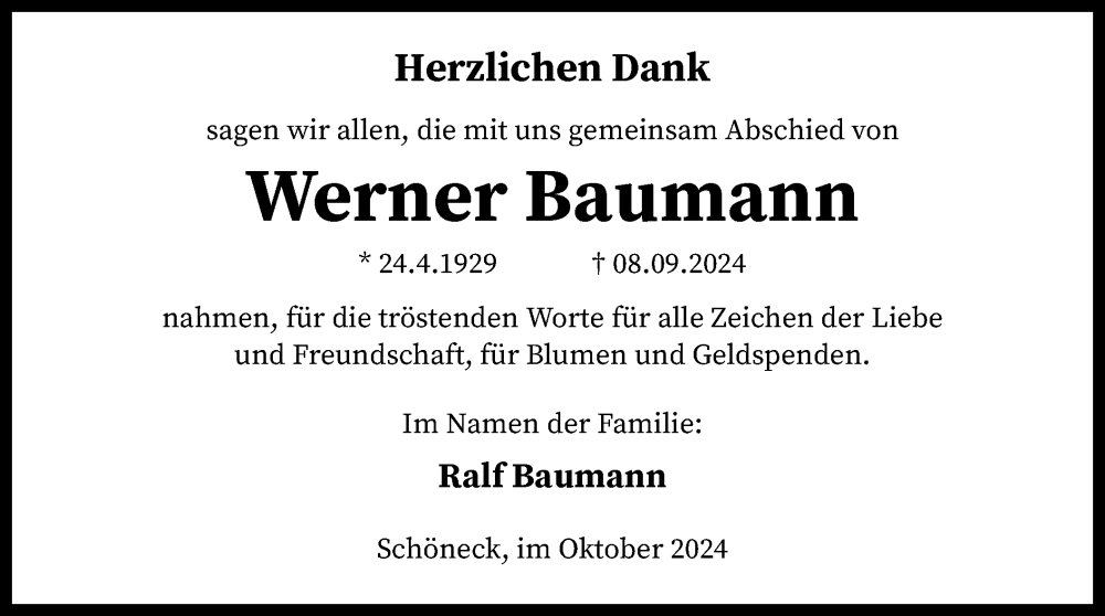  Traueranzeige für Werner Baumann vom 23.10.2024 aus OF