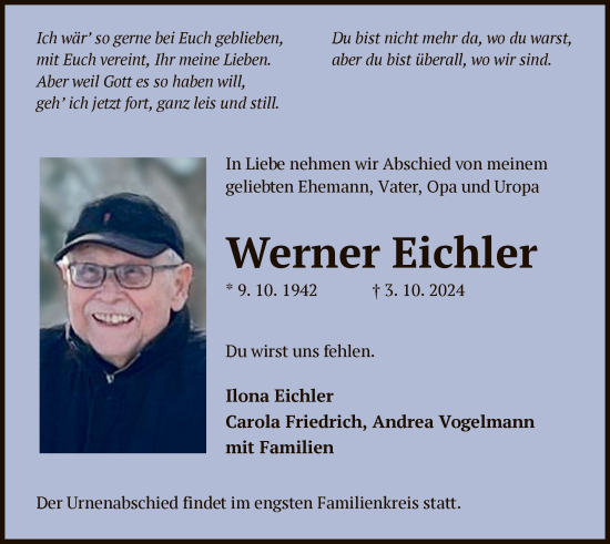 Traueranzeige von Werner Eichler von OF