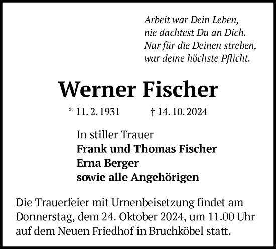 Traueranzeige von Werner Fischer von OF