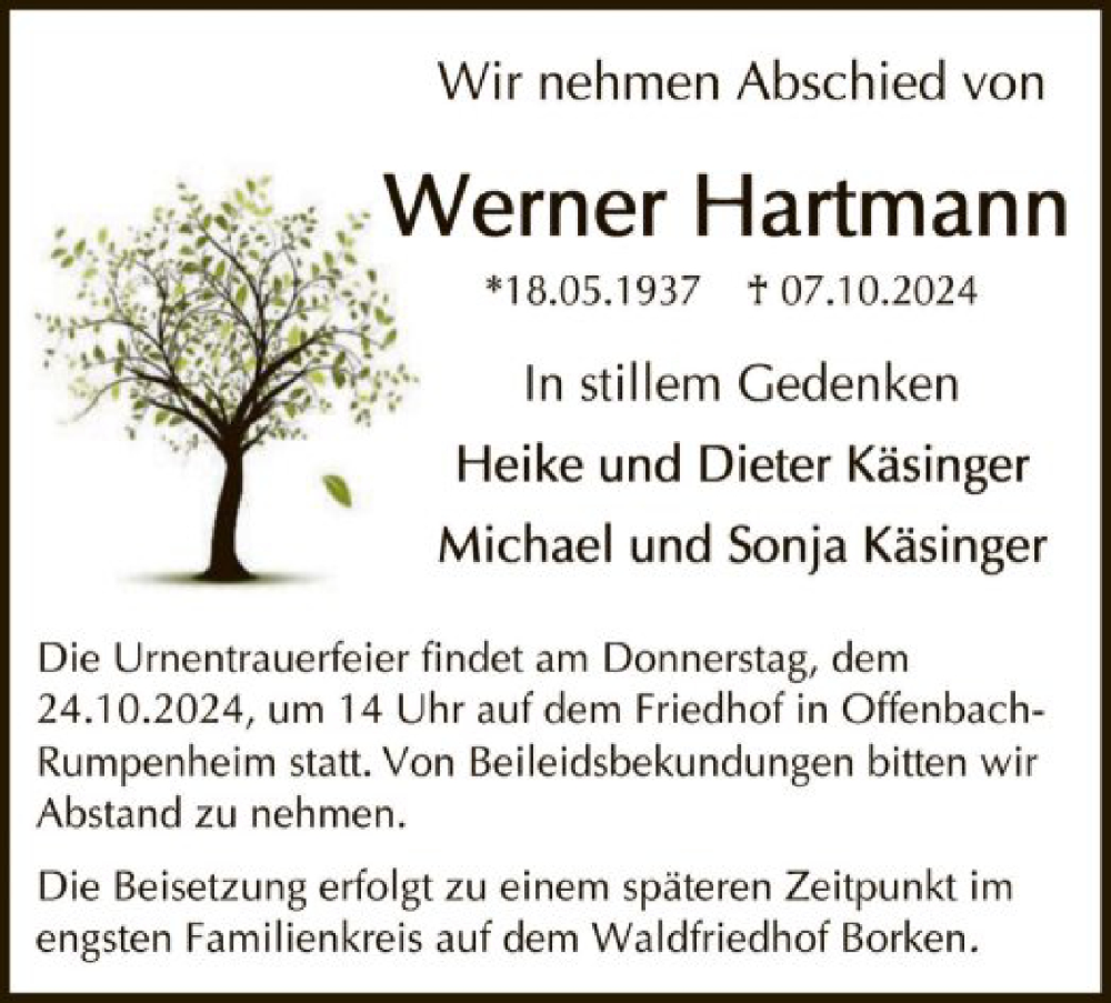  Traueranzeige für Werner Hartmann vom 19.10.2024 aus OF
