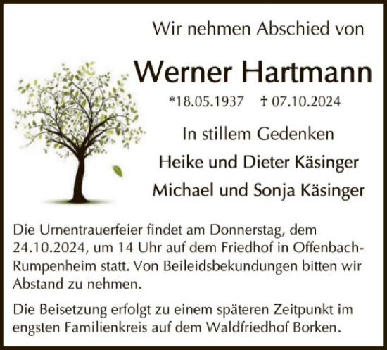 Traueranzeige von Werner Hartmann von OF