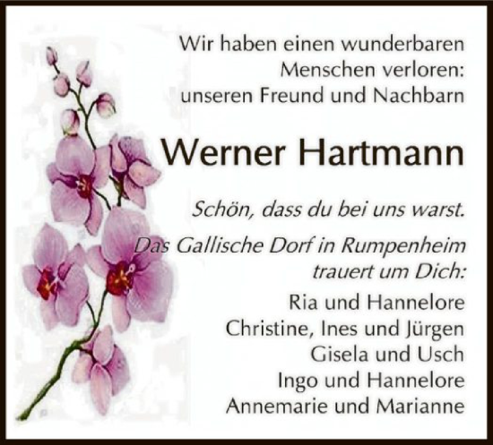 Traueranzeige von Werner Hartmann von OF