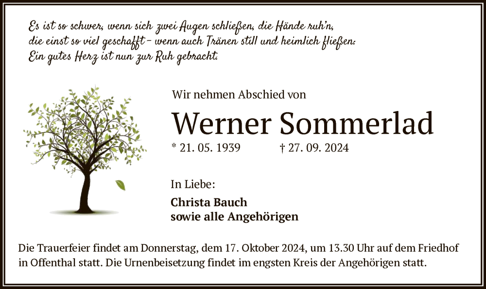  Traueranzeige für Werner Sommerlad vom 12.10.2024 aus OF