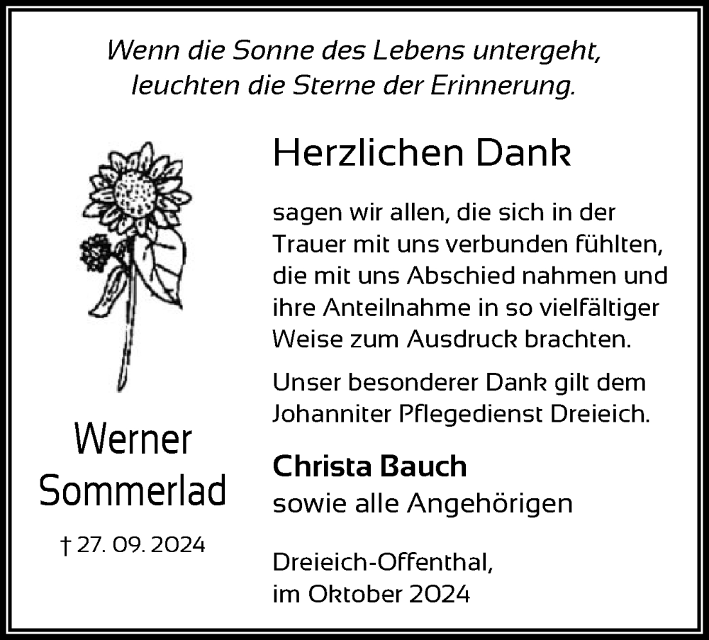  Traueranzeige für Werner Sommerlad vom 26.10.2024 aus OF