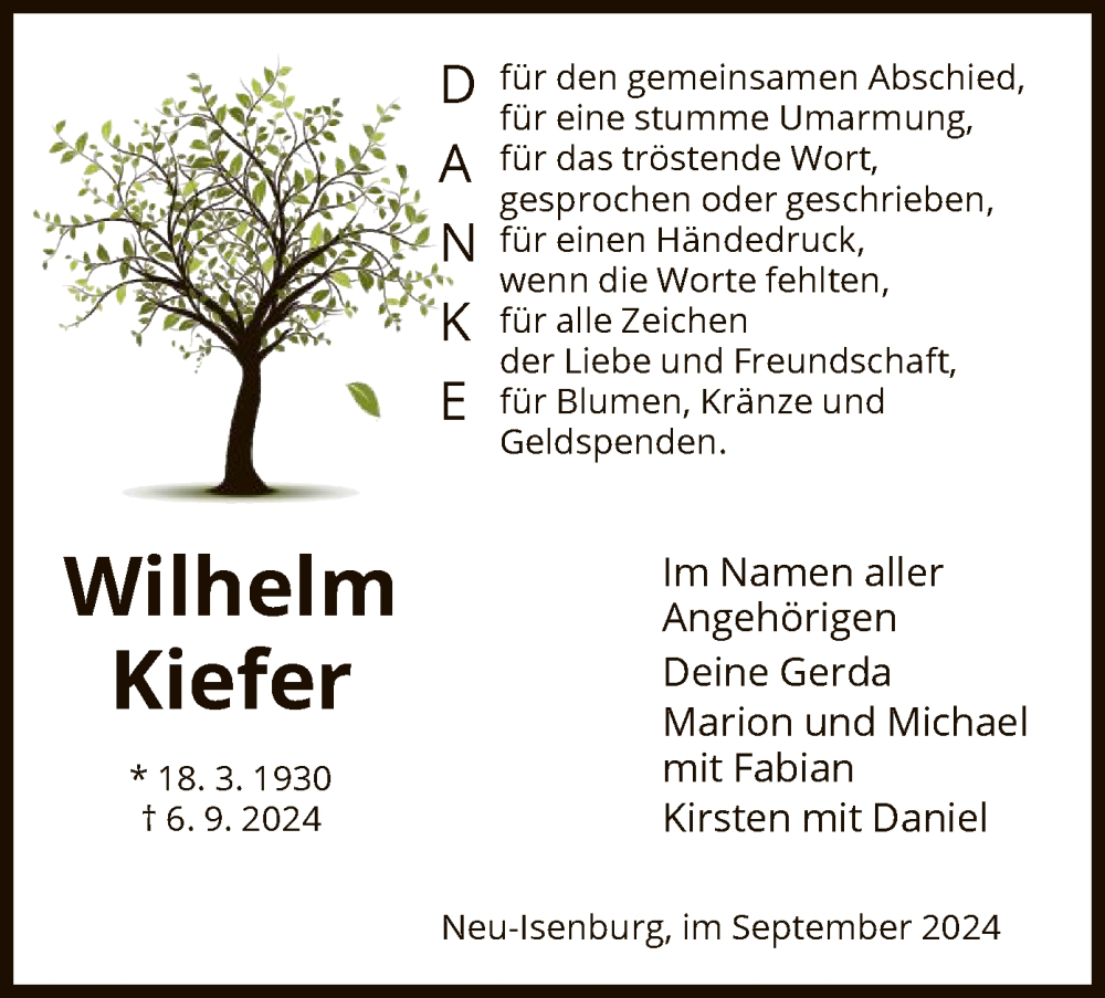  Traueranzeige für Wilhelm Kiefer vom 26.10.2024 aus OF