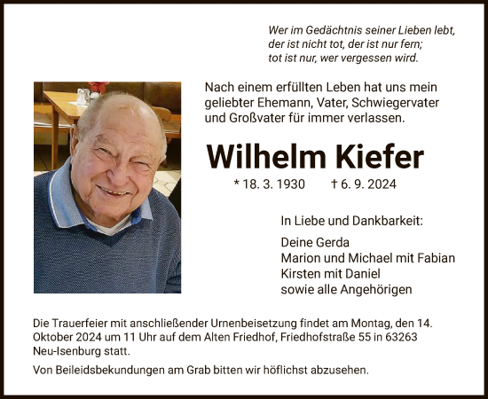 Traueranzeige von Wilhelm Kiefer von OF