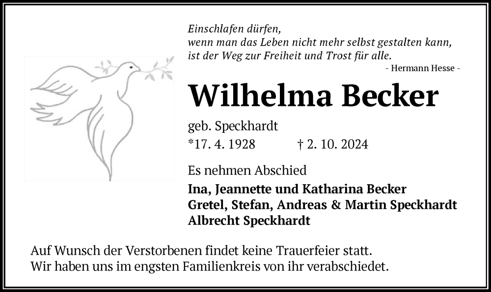  Traueranzeige für Wilhelma Becker vom 11.10.2024 aus OF