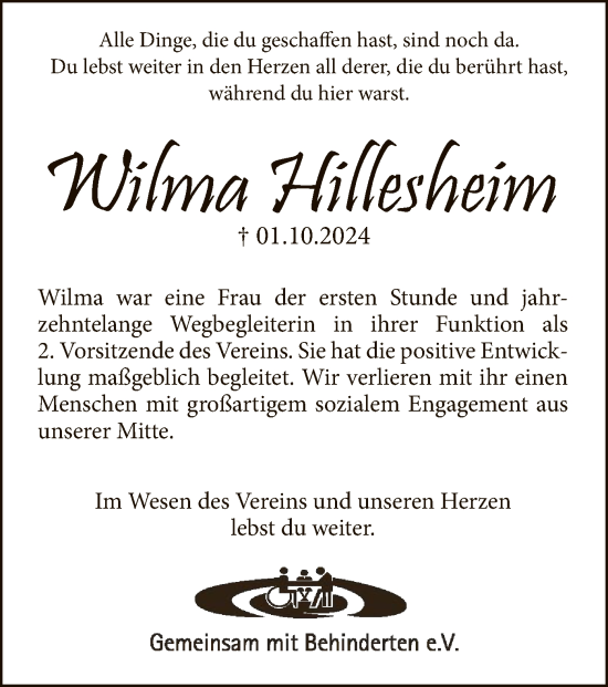 Traueranzeige von Wilma Hillesheim von OFOF