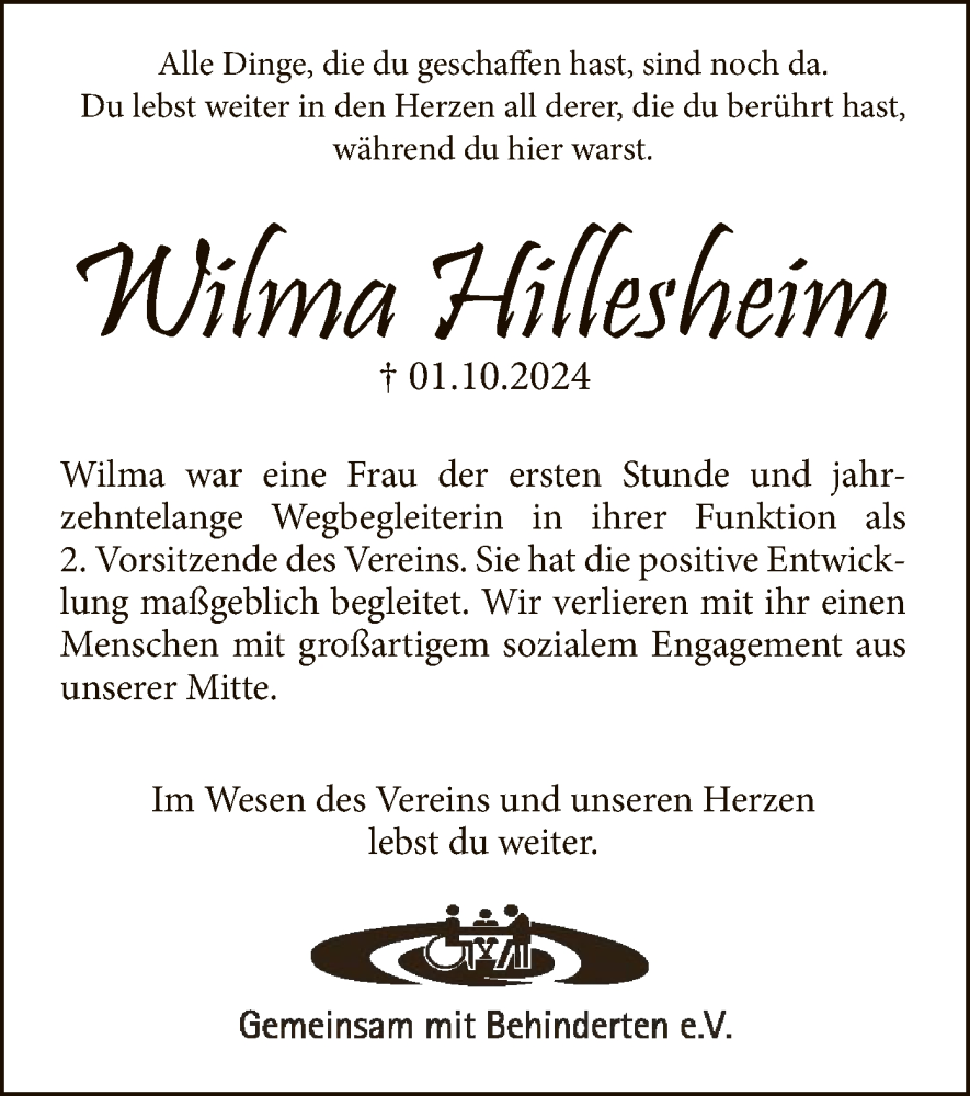 Traueranzeige für Wilma Hillesheim vom 12.10.2024 aus OFOF