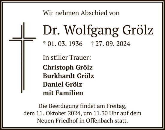 Traueranzeige von Wolfgang Grölz von OF