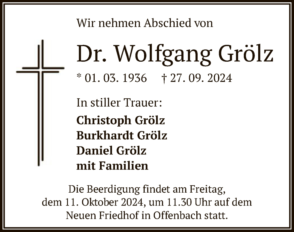  Traueranzeige für Wolfgang Grölz vom 05.10.2024 aus OF