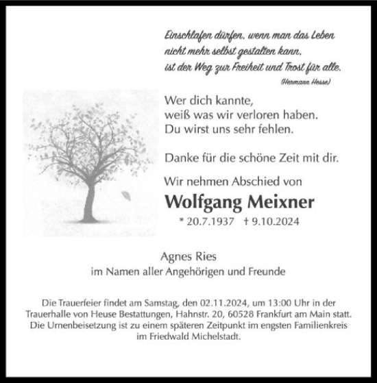 Traueranzeige von Wolfgang Meixner von OF