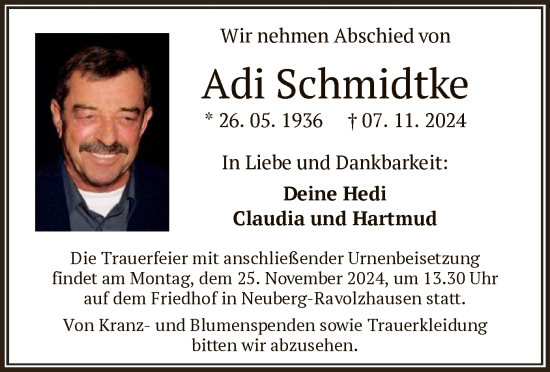 Traueranzeige von Adi Schmidtke von OF