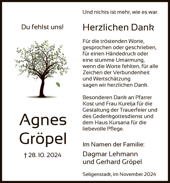 Traueranzeige von Agnes Gröpel von OF