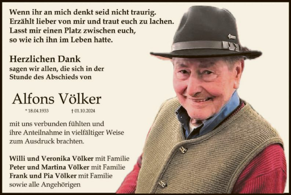  Traueranzeige für Alfons Völker vom 30.11.2024 aus OF