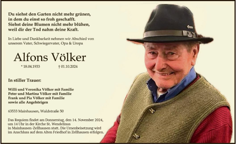  Traueranzeige für Alfons Völker vom 09.11.2024 aus OF